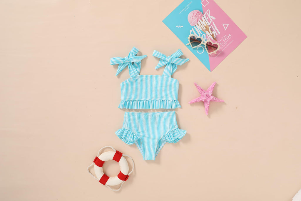 YOUNGER TREE Toddler Girls Two Pieces Swimsuit Color Block Stripe Swimwear Summer Beach Bathing Suit 18M-5T（Blue 18-24 Months）