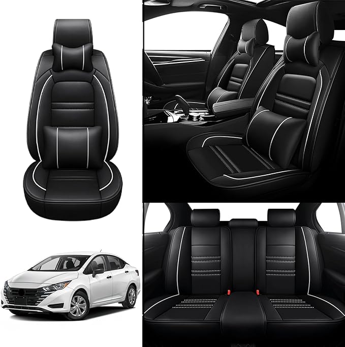 Car Seat Covers for Nissan Car Versa 2007-2025 | 5-Seats Seat Covers, Waterproof Seat Protectors, Automotive Seat Covers (Full Set with Pillow,Black&White Line)