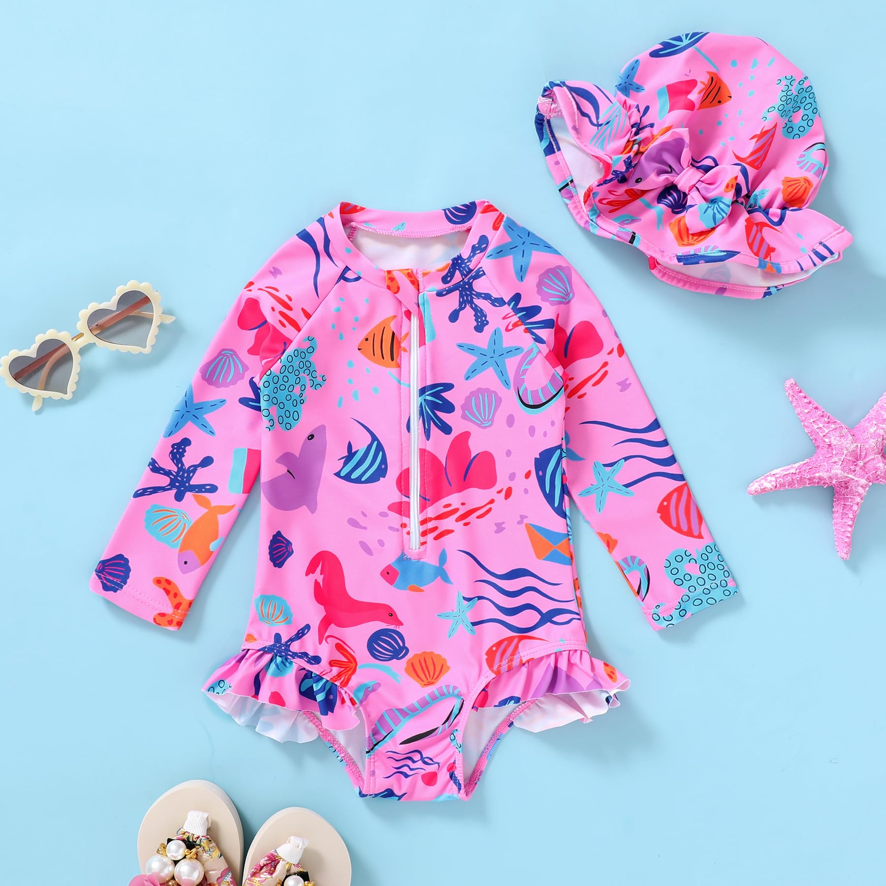 Infant Baby Girl Swimsuit One-Piece Long Sleeve Rash Guard with Hat Set Floral Zipper Bathing Suit Leopard Beach Wear(ROSEO, 12-18 Months)