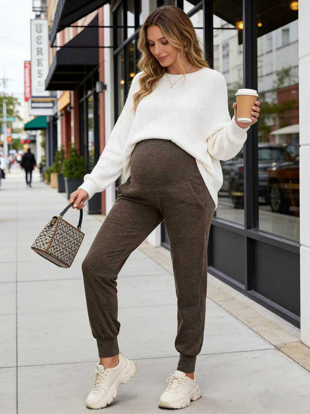 AMPOSH Women's Maternity Pants Stretchy Lounge Workout Sweatpants Casual Loose Comfy Pregnancy Joggers with Pockets(Heather Brown, XL)