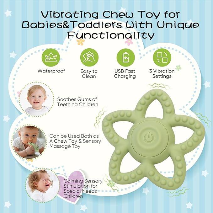 Vibrating Sensory Chew Toy, Teether Teething Toys for Baby 6-18 Months, Sensory Toys for Kids with Autism&Toddler Travel Essential - 3X Vibration Settings, Gifts for Boys Girls