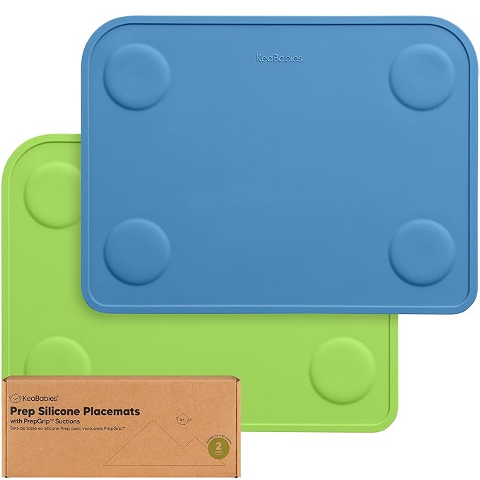 KeaBabies 2-Pack Silicone Placemats for Toddlers - 12x9 Non Slip Suction Baby Silicone Placemat for Kids Eating, Easy to Clean, Busy Travel Baby Mat for Dining Table, Food Grade/BPA-Free (Kea)