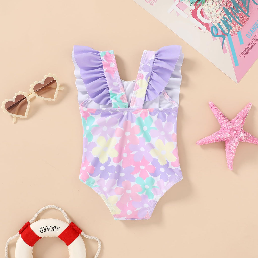 Newborn Baby Girl Ruffle Swimsuit Infant Toddler One Piece Floral Bikini Beach Bathing Swimwear Set(Flower Purple,18-24 Months)