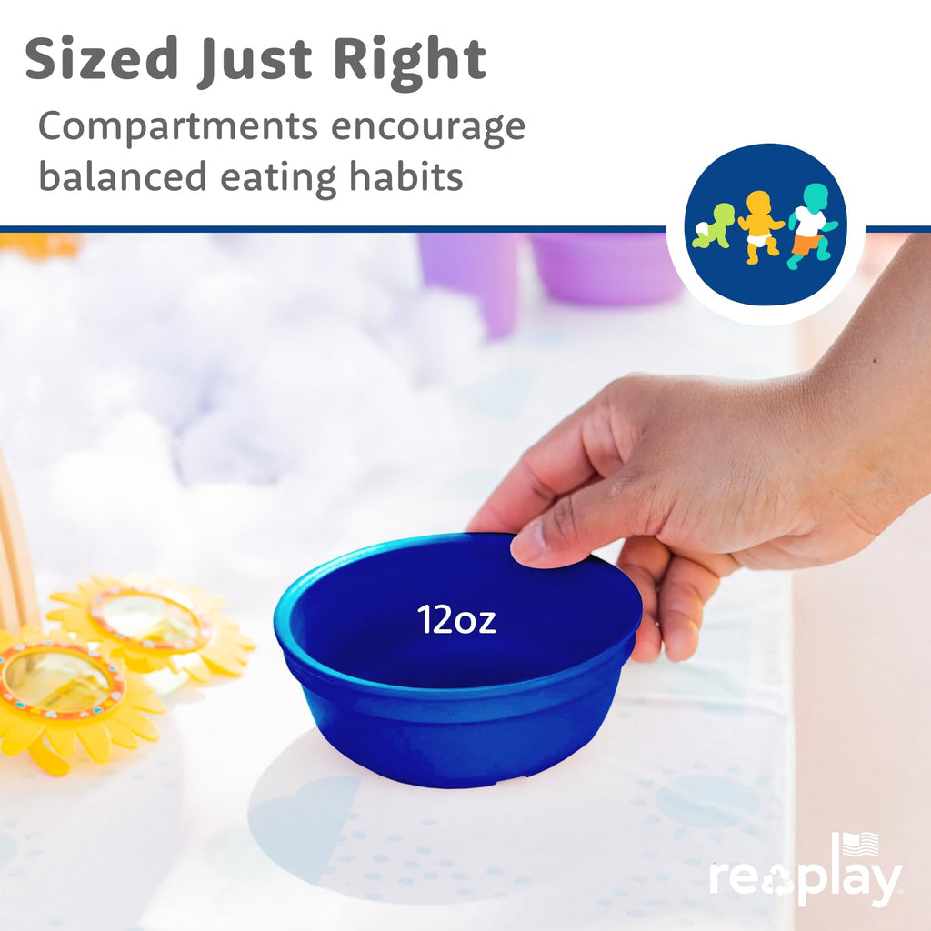 Re-Play 12 oz. Toddler Bowls Set of 4 with Lids - Kids Deep-Walled, Durable & Reusable Snack and Meal Bowls, Dishwasher & Microwave Safe, BPA-Free, Made in USA from Recycled Plastic, True Blue