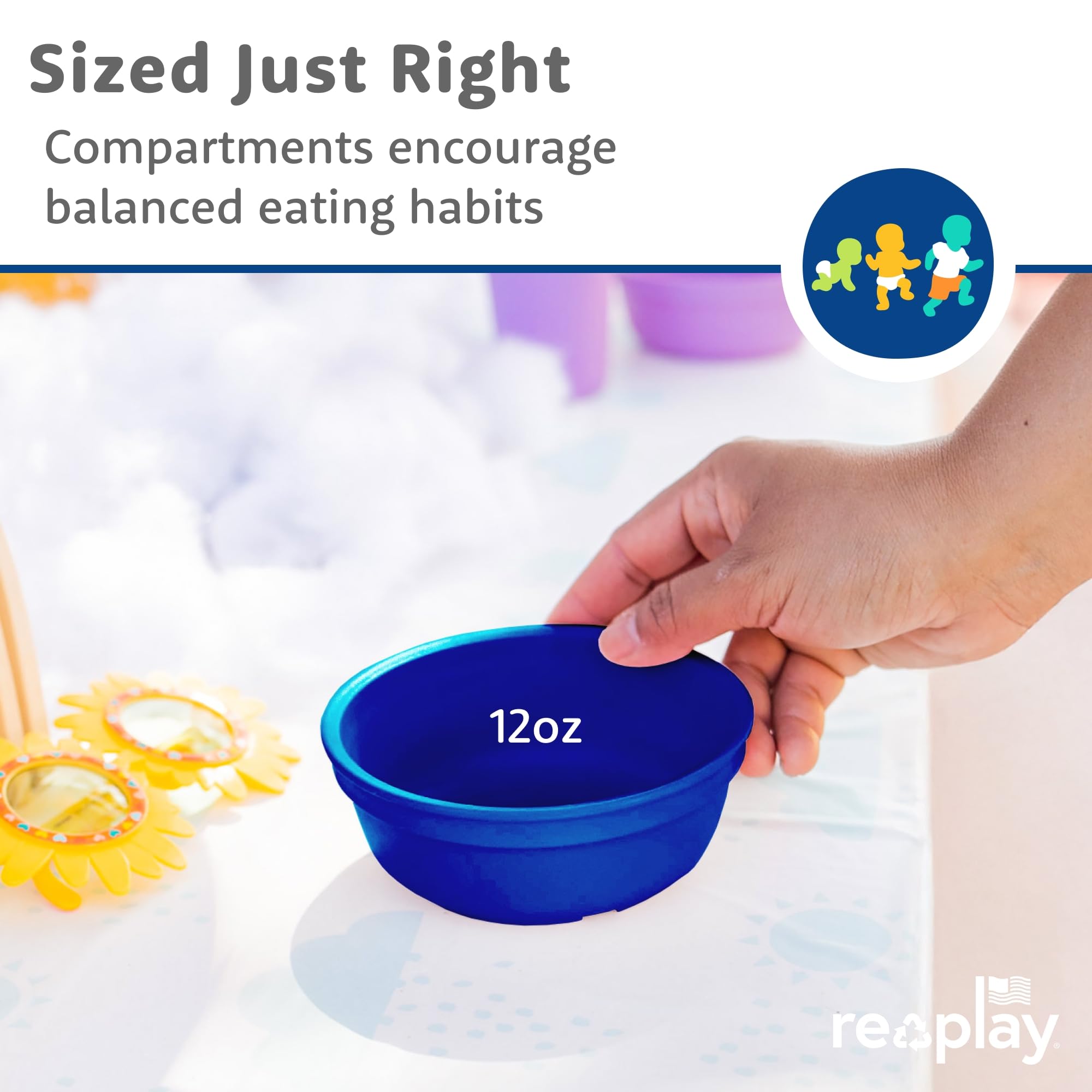 Re-Play 12 oz. Toddler Bowls Set of 4 with Lids - Kids Deep-Walled, Durable & Reusable Snack and Meal Bowls, Dishwasher & Microwave Safe, BPA-Free, Made in USA from Recycled Plastic, True Blue