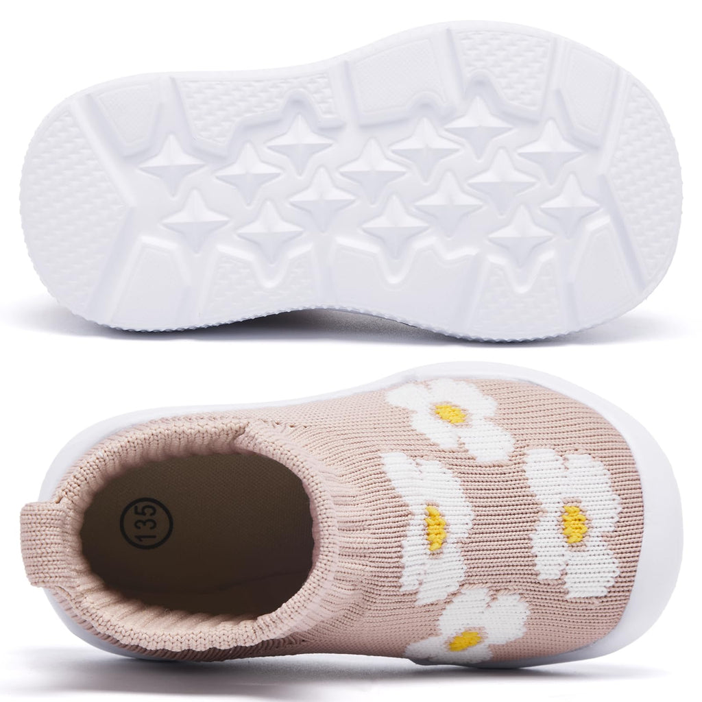 MORENDL Toddler Sock Shoes Baby Walking Shoes Infant Slippers Boys & Girls Non-Slip Sneakers Beige Flower Size 10