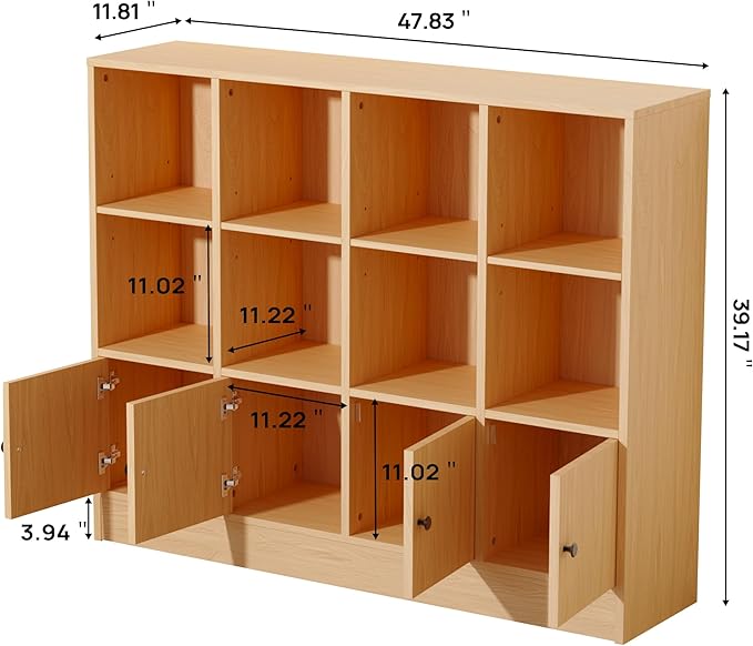Oak Bookshelf, Wood Bookcase with 3 Tier Shelves, 12 Cube Storage Organizer with Doors for Bedroom, Living Room, 47.8" W x 39.1" H
