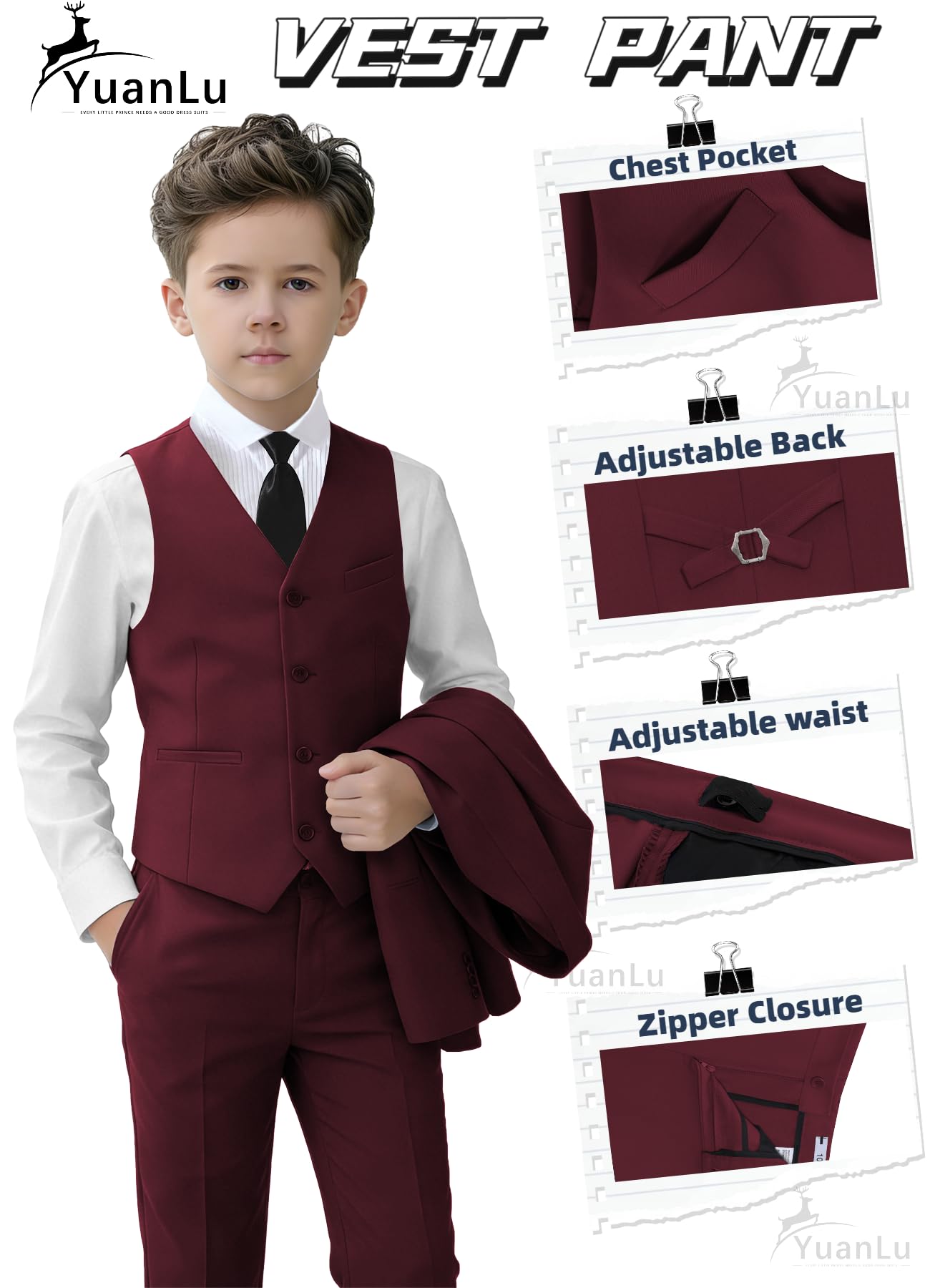 YuanLu Boys Tuxedo Kids Burgundy Slim Fit Oufit for Yong Men Suits Size 14