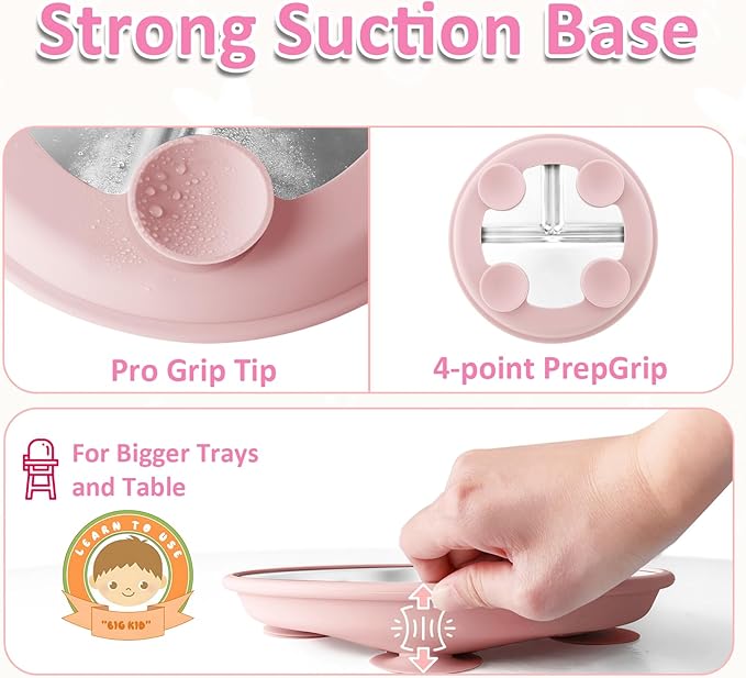Stainless Steel Suction Plates for Toddlers, 9" Divided Kids Baby Plates with Removable Silicone Suction, Non Toxic Non Slip Portion Control Snack Dishes 4 Packs, Blue Green Gray Pink