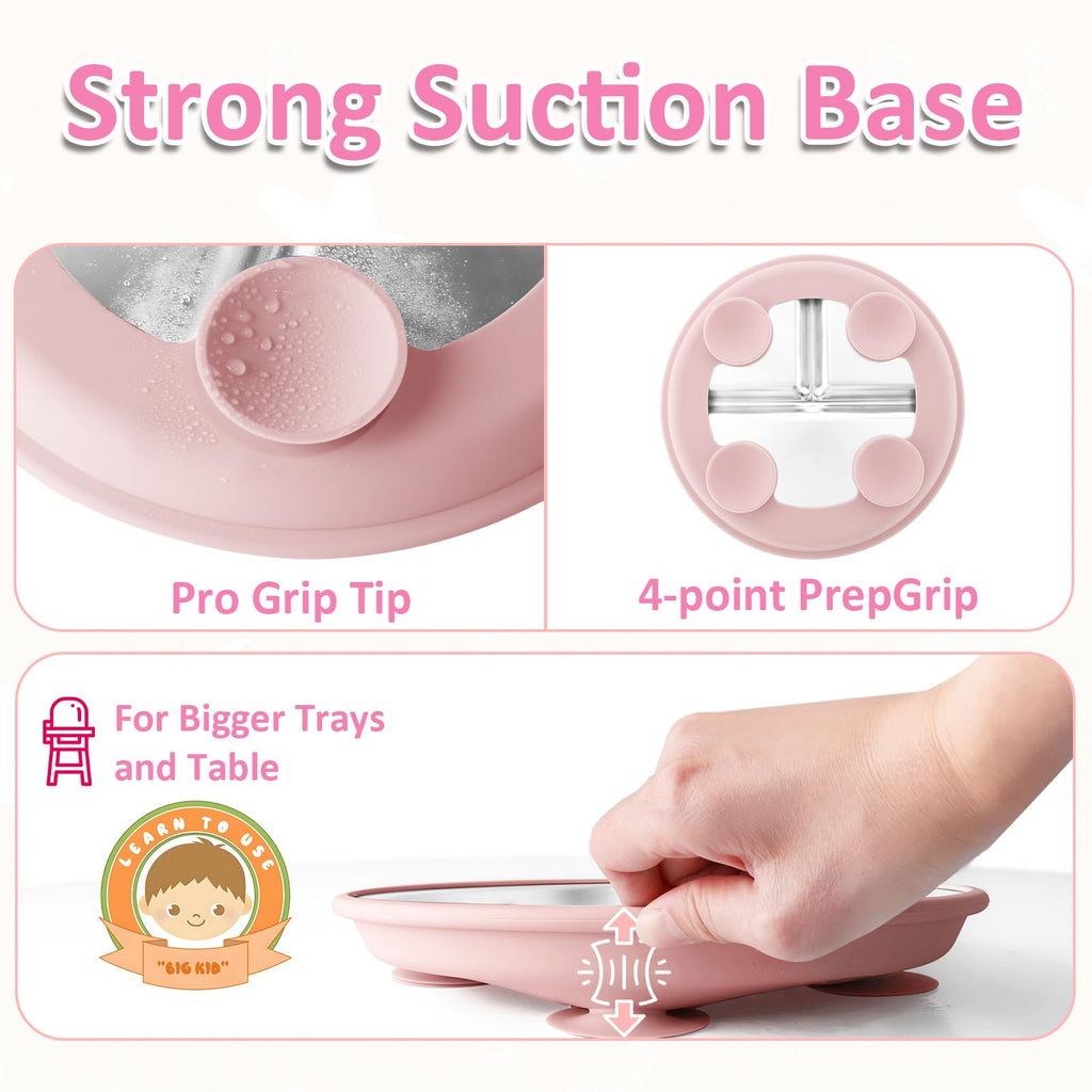 Bakpoco Stainless Steel Suction Plates for Toddlers, 9" Divided Kids Baby Plates with Removable Silicone Suction, Non Toxic Non Slip Portion Control Snack Dishes 3 Packs, Bright Orange/Blue/Green