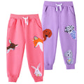 HILEELANG Baby Girls Cotton Joggers Sweatpants Animal Embroidery Drawstring Waist and Pockets-Pink Purple Casual Athletic Pants for Kids 12M
