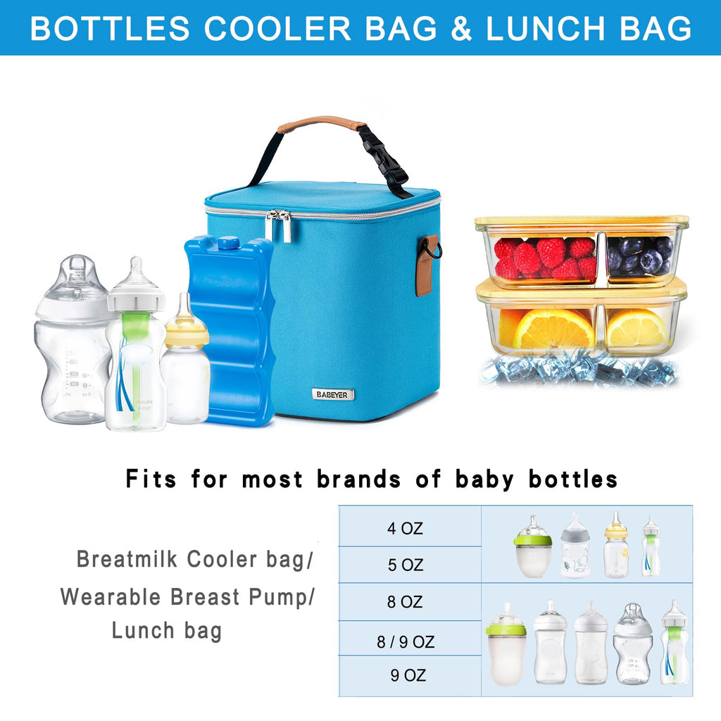 BABEYER Breastmilk Cooler Bag with Ice Pack Fits 6 Baby Bottles Up to 9 Ounce, Baby Bottle Bag with Shoulder Strap for Nursing Mom Daycare, Blue