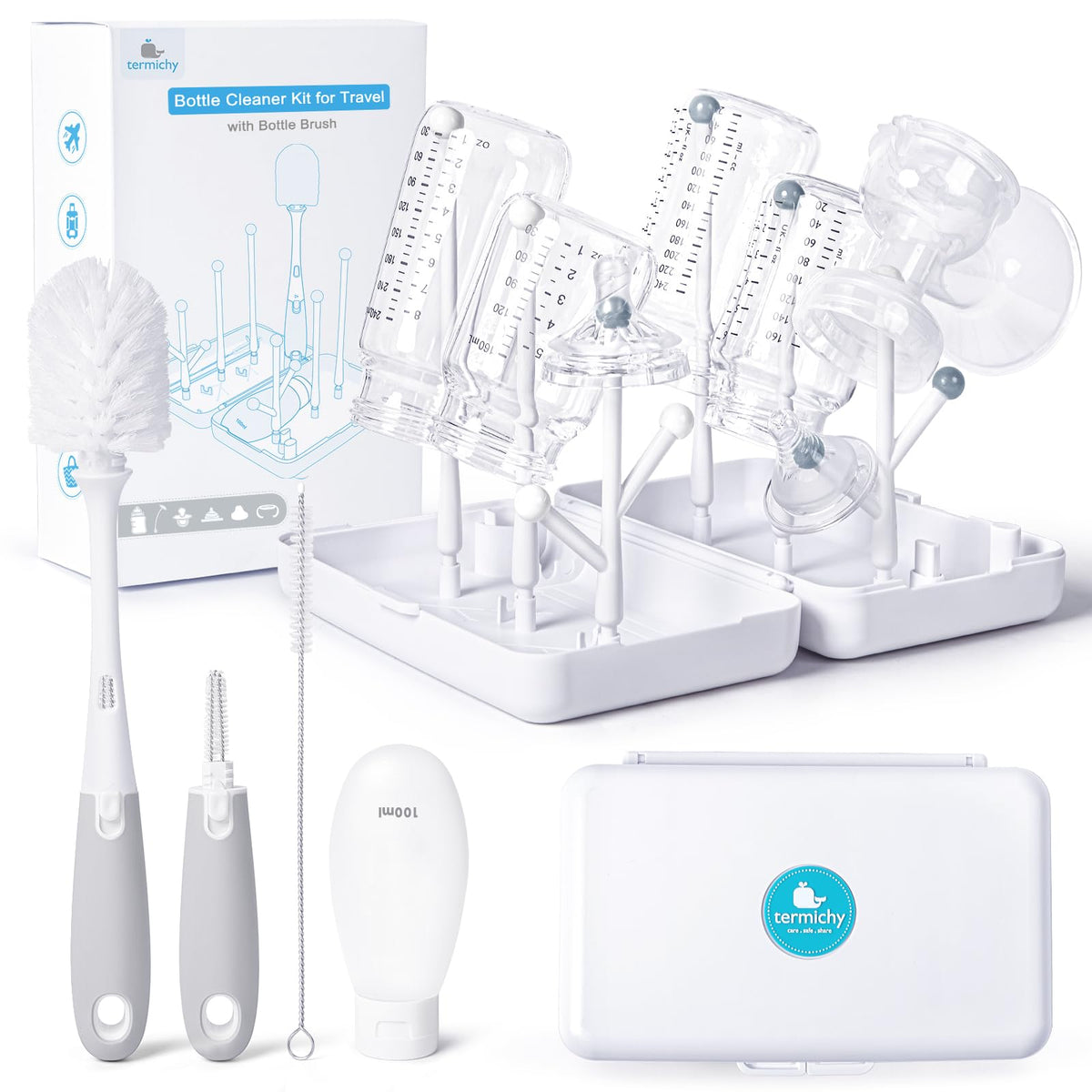 Termichy Travel Bottle Cleaning Kit: Portable Baby Drying Rack & Brush Set