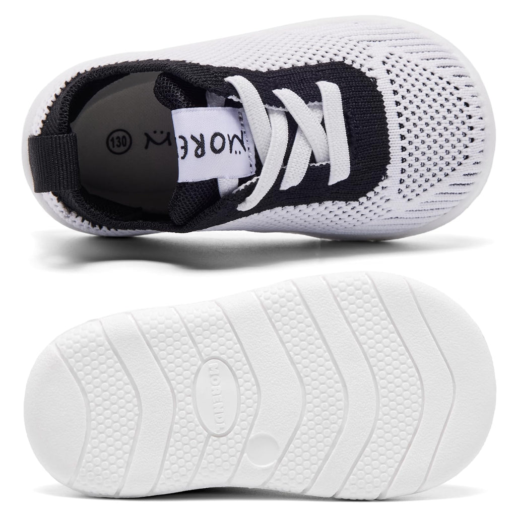 MORENDL Toddler Shoes Baby Walking Sock Shoes Infant Sneakers Boy Girl Barefoot Tennis Shoe Non-Slip Brethable White Black 15-18 Months