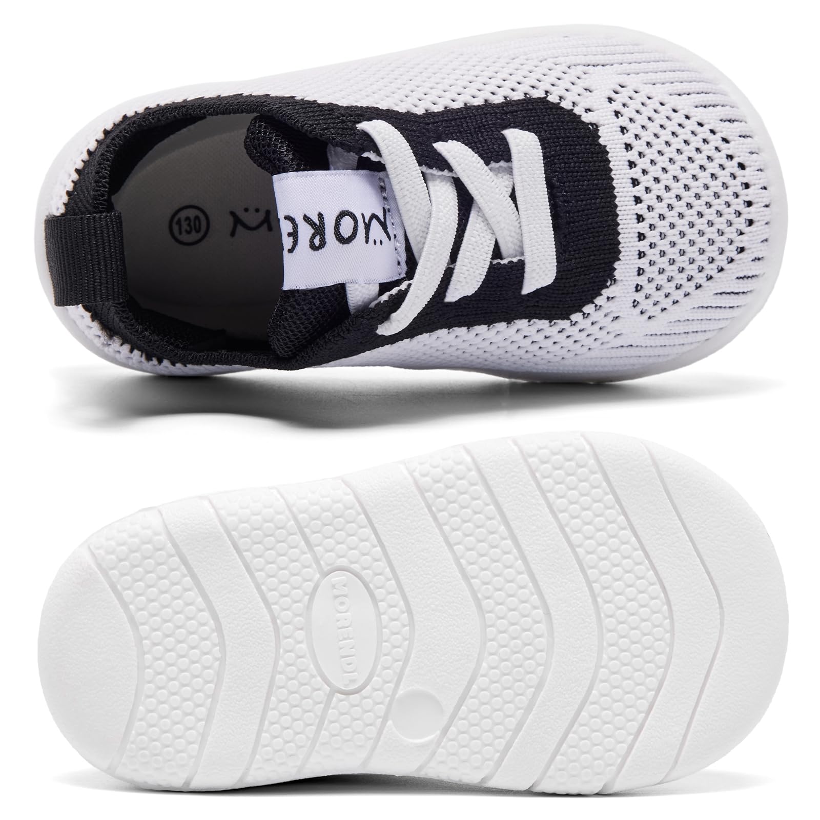MORENDL Toddler Shoes Baby Walking Sock Shoes Infant Sneakers Boy Girl Barefoot Tennis Shoe Non-Slip Brethable White Black 15-18 Months