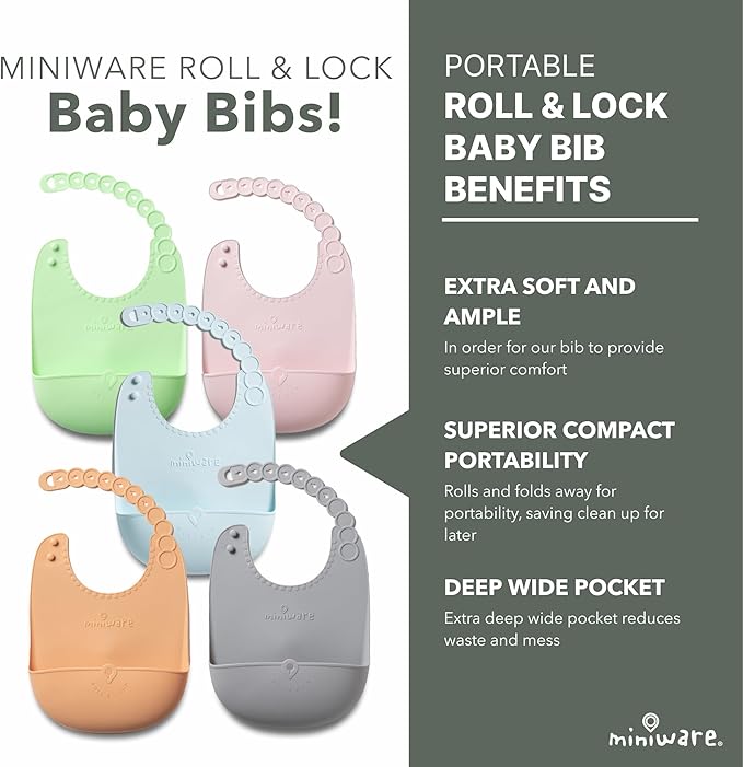 Miniware Sensory Starter Set with Sensory Baby Bowl, Baby Spoon, Roll & Lock Bib - Easy to Clean Baby Feeding Set to Promote Self-Feeding- Toddler Feeding Essentials - Oat