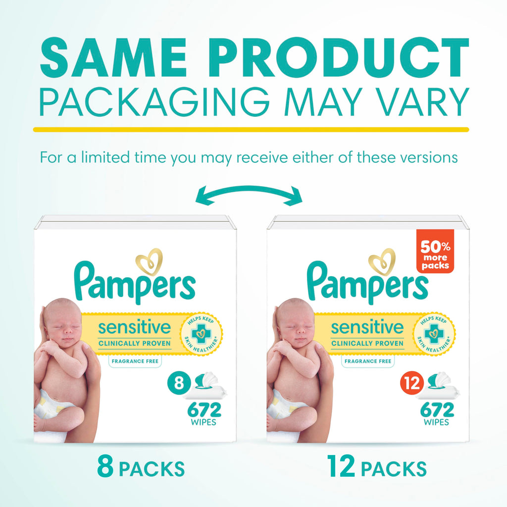 Pampers Sensitive Baby Wipes, Clinically Proven, Fragrance Free, Unscented, Water Based, Hypoallergenic Baby Wipes, Multi-Use Wipe, Hand Wipe 672 Total (12X Flip-Top Packs)