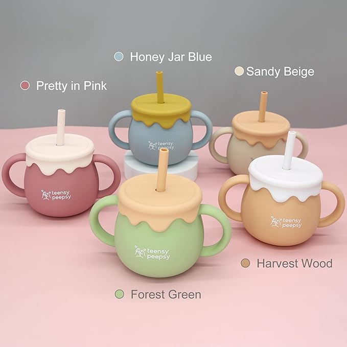 Honey Jar Pot 3-in-1 Silicone Training Cup 8.5oz, Baby Sippy Cup with Straw & Snack Cup for 6 months+ Straw Cup for Baby Boy Gift, Open Cup Toddler Smoothie Drinkware (Honey Jar Blue)