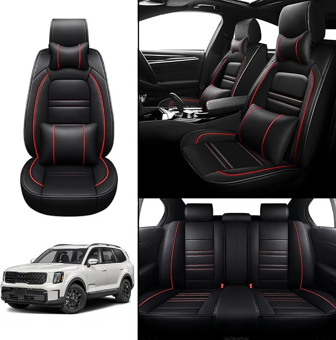 Car Seat Covers for kia Telluride 2020-2025 | 5-Seats Seat Covers, Waterproof Seat Protectors, Automotive Seat Covers (Full Set with Pillow,Black&Red Line)