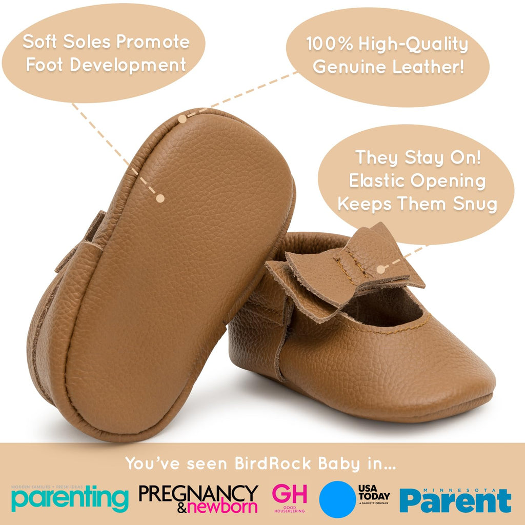 BirdRock Baby Bow and Knot Moccasins - Genuine Leather Baby Girl Shoes (Brown Bow, US 6.5)