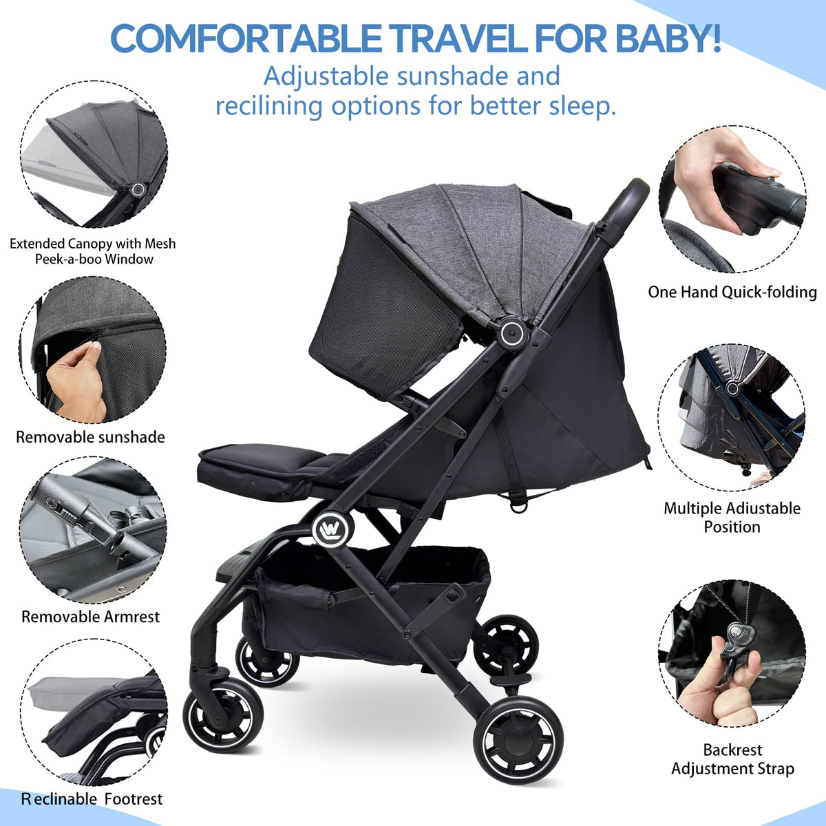 Rollingsurfer Lightweight Baby Stroller for Airplane, Compact Travel Pushchair with Retractable Foot Cover & Reclining Backrest, One Hand Fold Stroller for Toddlers 0-36 Months