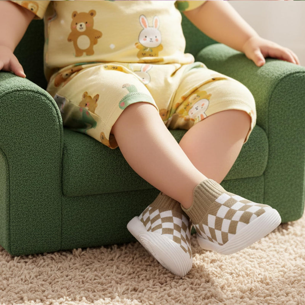 MORENDL Toddler Shoes - Baby Walking Socks - Non-Slip, Breathable - Boys & Girls - Brown White Plaid - 9-12 Months