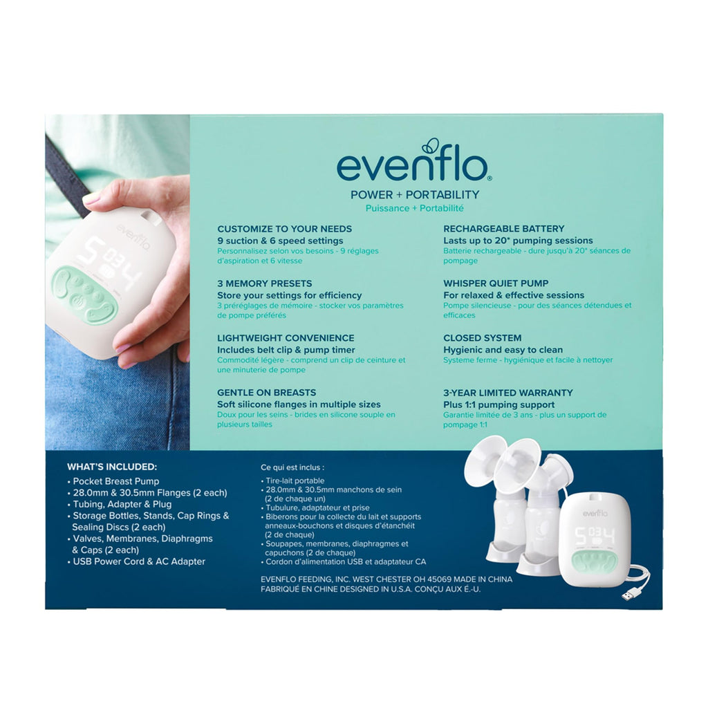 Evenflo Pocket Portable Double Electric Breast Pump, White, 20 Pumping Sessions per Charge, 9 Suction Settings, 3 Memory Presets