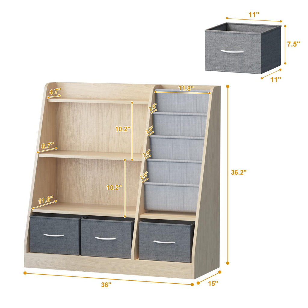 HedoAjim Kids Bookshelf Wood Montessori Toy Storage Organizer Cabinet Shelf Child Bookcase Toddler Baby Sling Book Rack 3 Cube Bin Fabric Drawers for Playroom Bedroom Nursery School