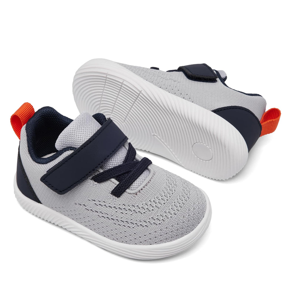 MORENDL Toddler Sneakers Baby Boys & Girls Barefoot Shoes Lightweight Breathable Walking Running Tennis Athletic Sport Shoes Grey Navy 9-12 Months Size 4.5