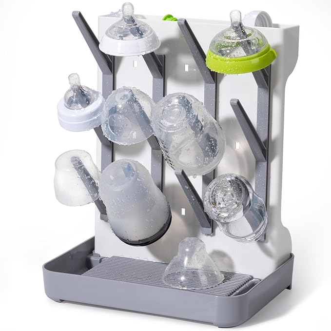 Space Saving Vertical Bottle Drying Rack, Large Countertop Baby Bottle Drying Rack Holder for Baby Bottles and Pump Parts, Gray