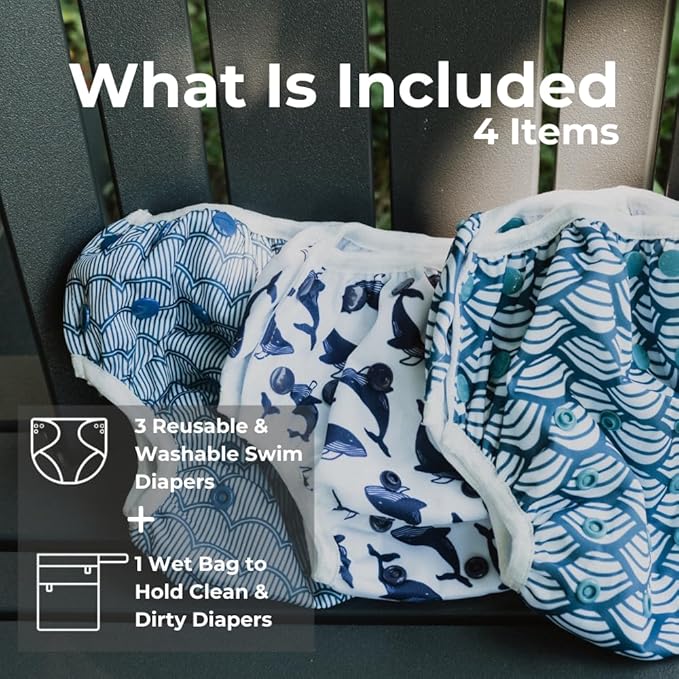 Nora's Nursery Reusable Swim Diapers and Wet Bag - One Size Fully Adjustable - Big Splash Unisex 3 Pack with Wet Bag