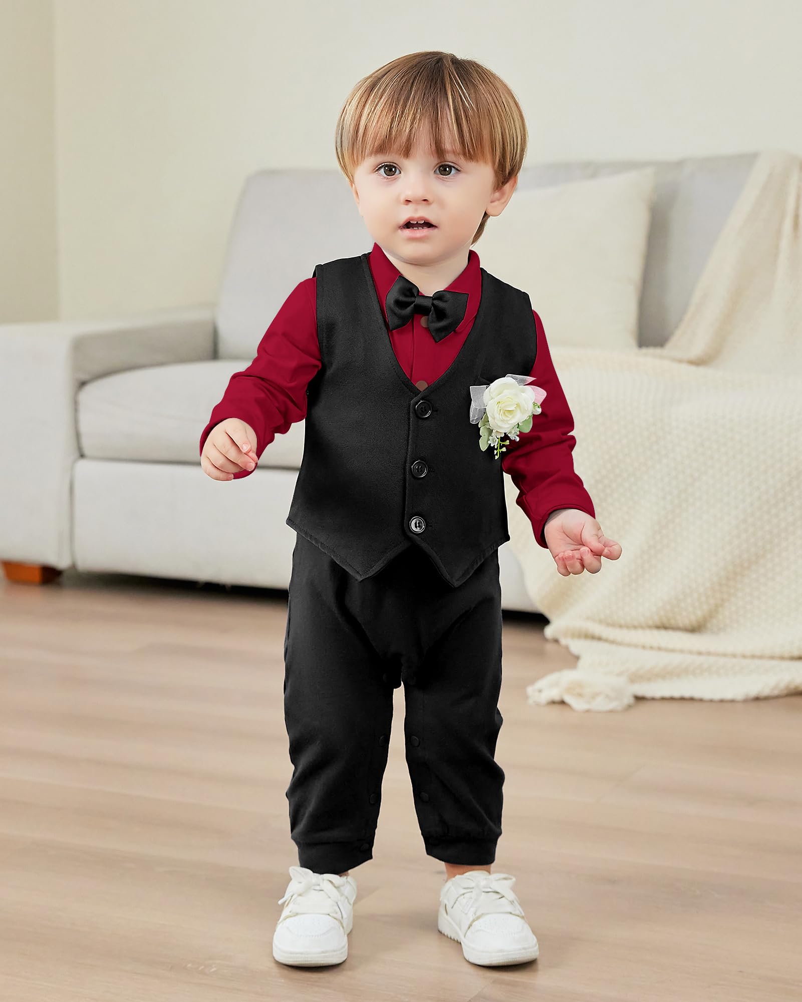 mikiumkee Baby Boy Suit Gentleman Clothes Wedding Outfits Formal Jumpsuit Long Sleeve Romper+Vest Wine Red 18-24 Months