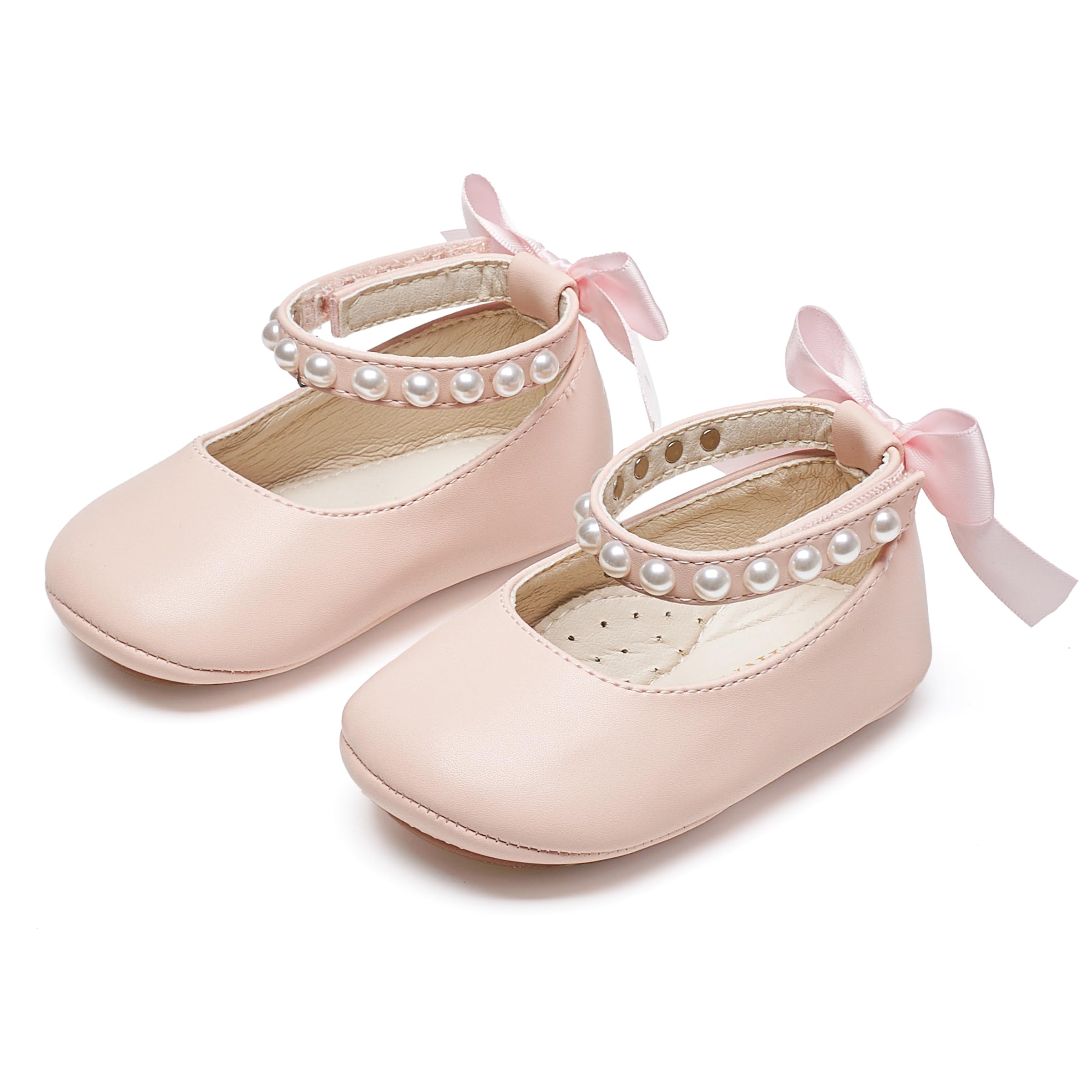 PHIRAMIN Baby Girls Pink Mary Jane Flats - Infant 9-12 Months Walking Shoes Soft Rubber Sole Princess Wedding
