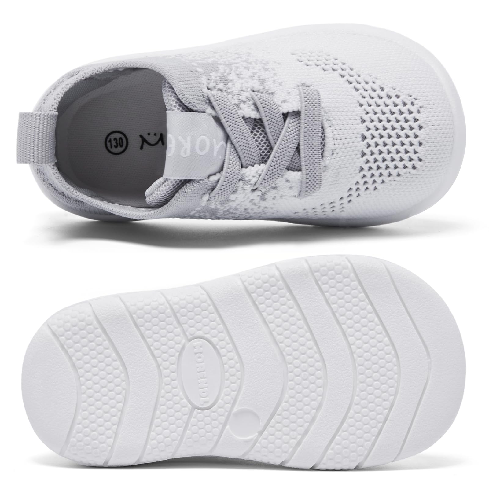 MORENDL Toddler Sneakers Baby Non-Slip Lightweight Breathable Barefoot Shoes Infant Tennis Walking Shoes White Grey Mesh 15-18 Months