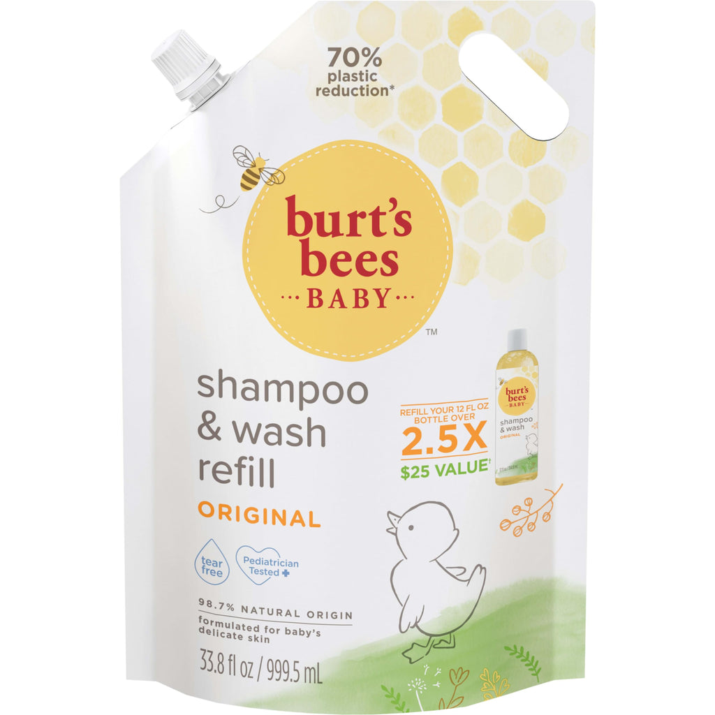 Burt's Bees Baby Shampoo and Baby Wash Refill, Original, Plant-Based Formula, Tear-Free, Pediatrician-Tested, Natural Origin, Gently Cleans Sensitive Skin and Hair, 33.8 Fl Oz