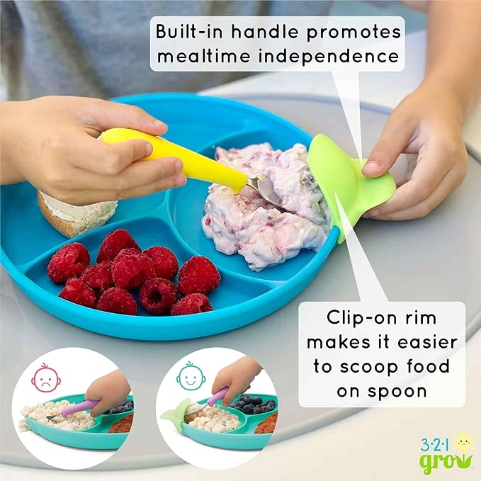 Silicone Easy Scoop & Hold Plate Set - Baby and Toddler Training Plates with Clip-On Rims for Easy Scooping, Self-Feeding and Baby Led Weaning, 6+ months (Ocean)