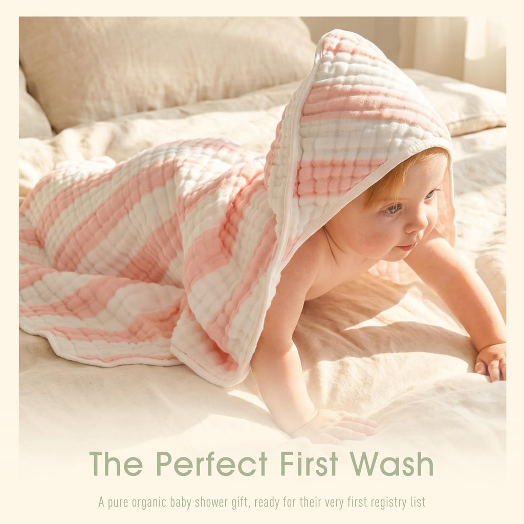 HardNok Organic Muslin Hooded Baby Bath Towel 4pc for Newborn - Pink Stripe