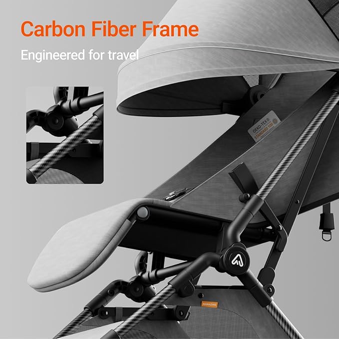 MAMAZING Lightweight Baby Travel Stroller with Carbon Fiber Frame, Compact & Airplane-Friendly, One-Handed Folding Design, 11.6 lbs, Perfect for Toddlers, Grey