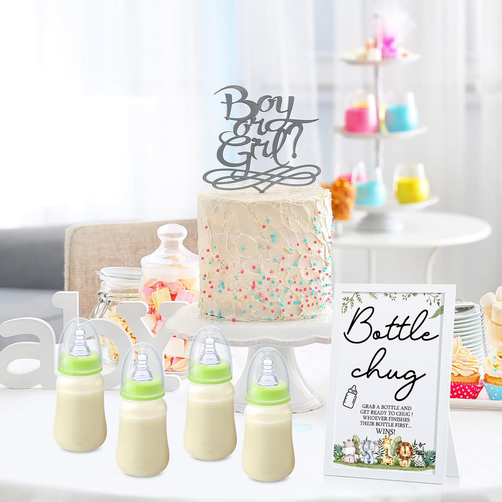 Roowest Bottle Chug Baby Shower Game Favors Including Safari Animals Theme Wooden Sign and 18 Pcs Baby Bottles for Gender Reveal Party Supplies