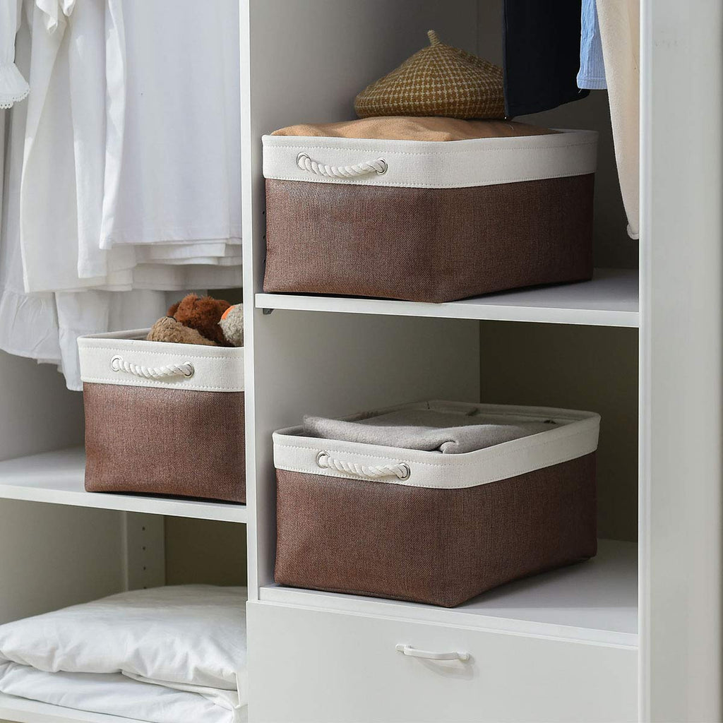 Sacyic Large Storage Baskets for Shelves, Fabric Baskets for Organizing, Collapsible Storage Bins for Closet, Nursery, Clothes, Home & Office [3-Pack, White&Brown]