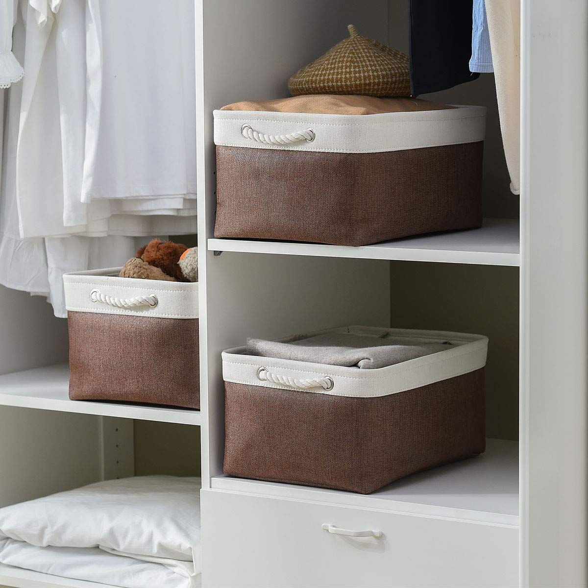 Sacyic Large Storage Baskets for Shelves, Fabric Baskets for Organizing, Collapsible Storage Bins for Closet, Nursery, Clothes, Home & Office [3-Pack, White&Brown]