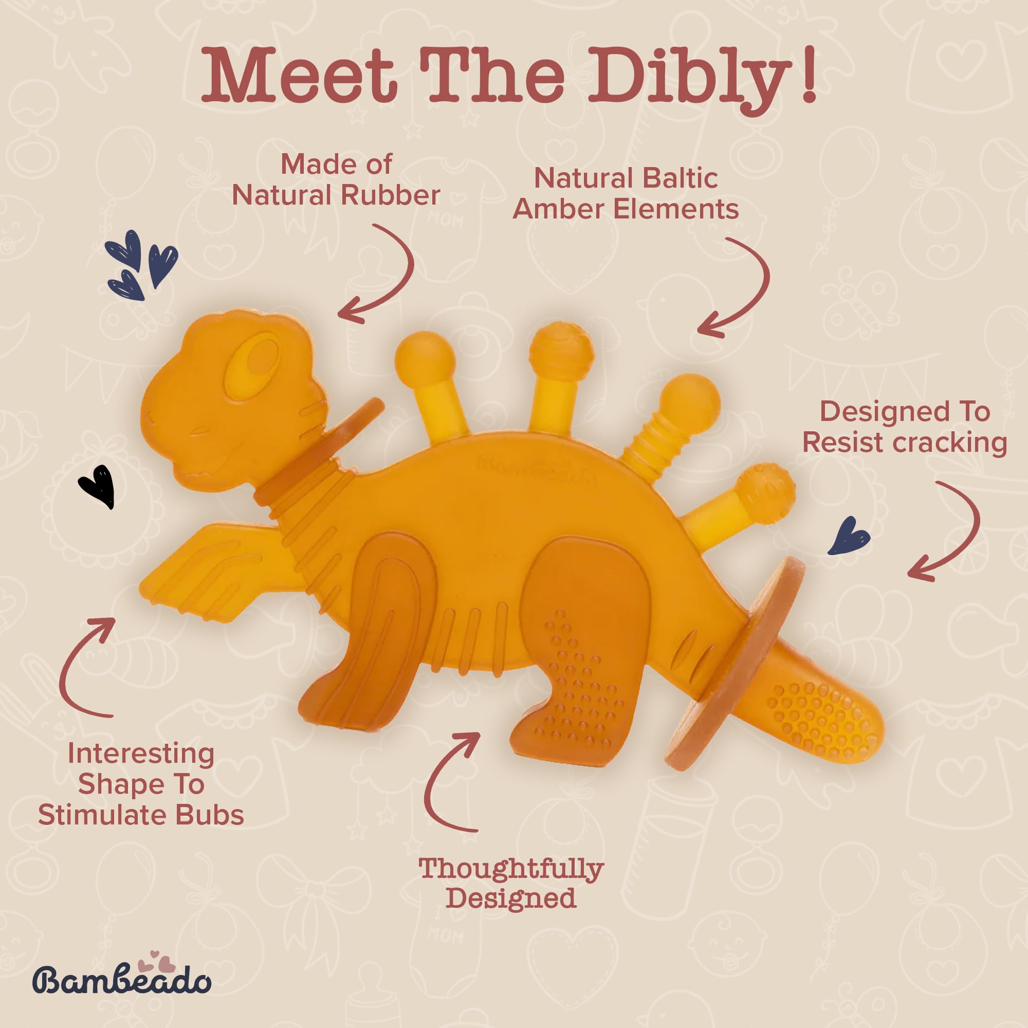 Bambeado Dibly Baby Teething Toy - Made with Natural Rubber & Amber Elements - Gentle Support, Easy to Hold, Simple to Clean - Cute Dinosaur Teether Toy - Alternative to Amber Teething Necklace