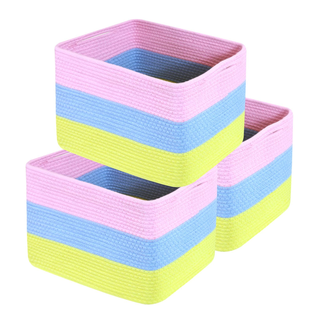 Hopegiver Rainbow Cotton Rope Storage Baskets Set of 3 for Kids Baby, Colorful Storage Bins for Toys, Woven Organizer Baskets Room Decor for Nursery & Playroom(Pink&Blue&Yellow, 15x11x10 IN)