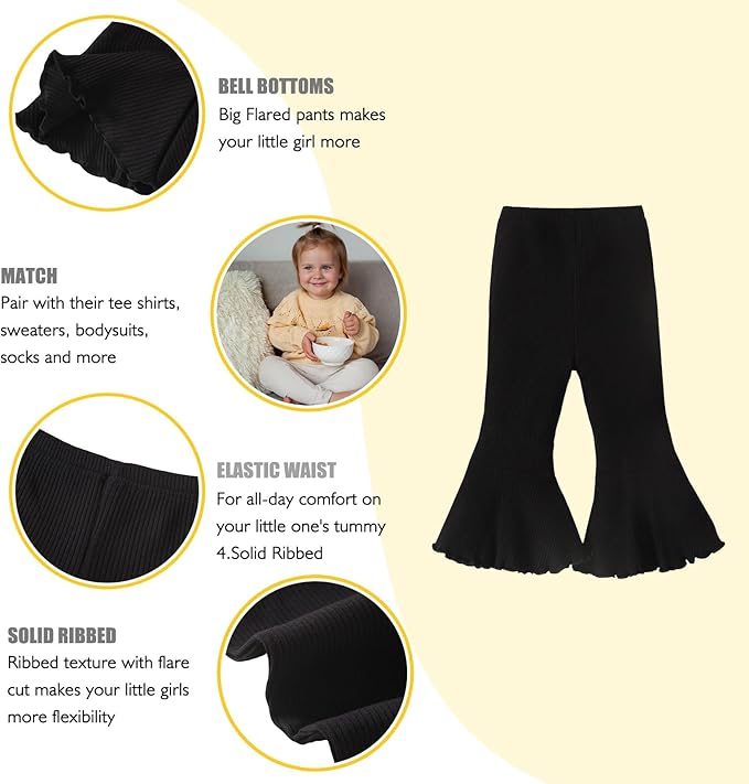SOBOWO Baby Girl Flare Pants 3 Pack Toddler Solid Ribbed Ruffle Bell Bottoms Pants Trousers Fall Outfits