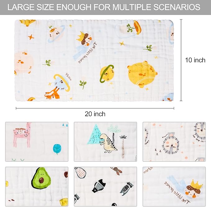 FOOK FISH Muslin Burp Cloths Cotton Burping Cloth 20'' X 10'' Pack of 6 for Baby Spit Up Cloths for Newborn,Absorbent,Soft,Large,6 Layers,Baby Burp Rags,Unisex,for Boys and Girls