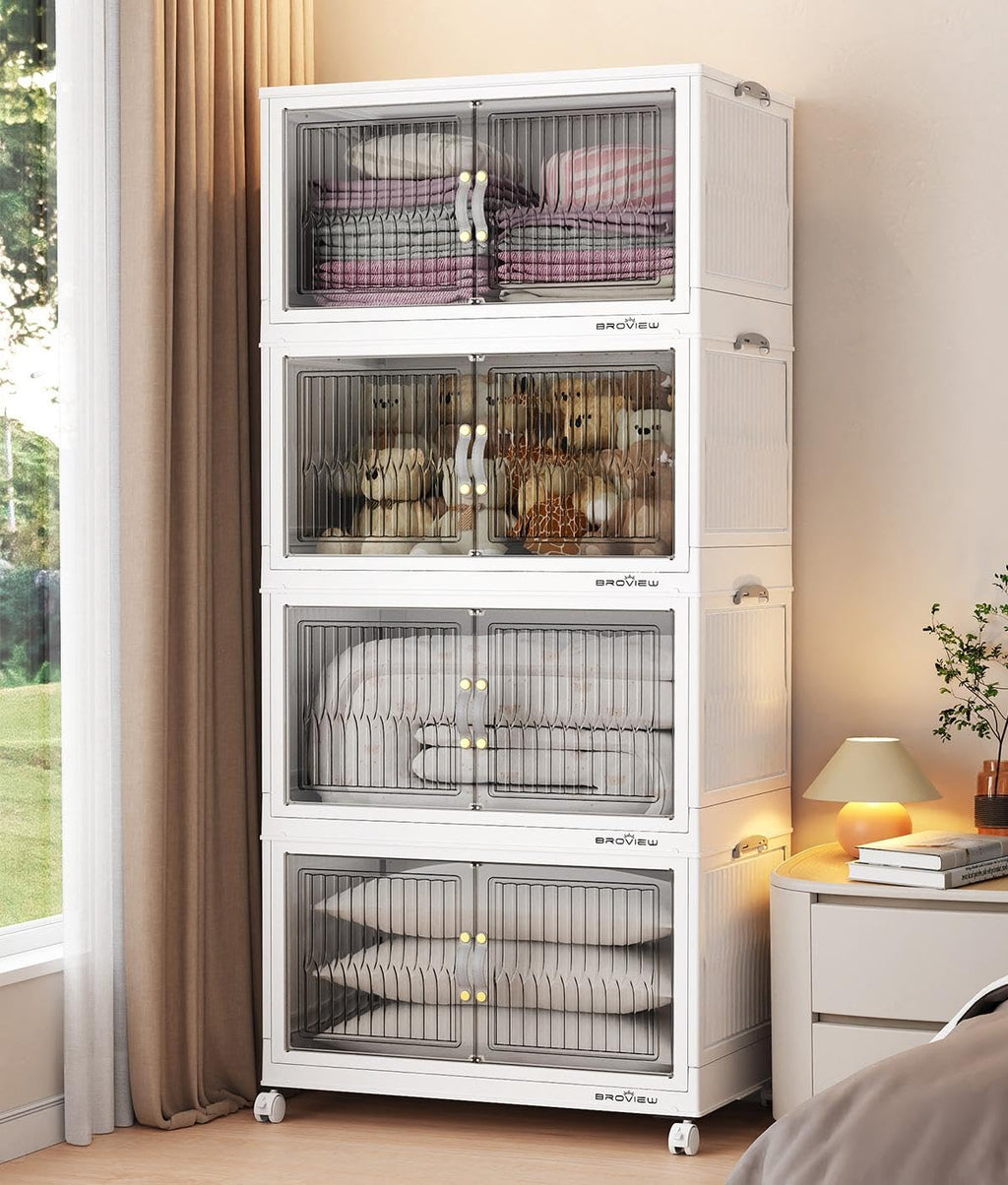 BROVIEW 320Qt Stackable Storage Bins with Lid, Extra Large Closet Organizer Collapsible Drawer Boxes with Wheels, Folding Plastic Cabinet Containers for Home Kitchen Room Organization, 4Pack White