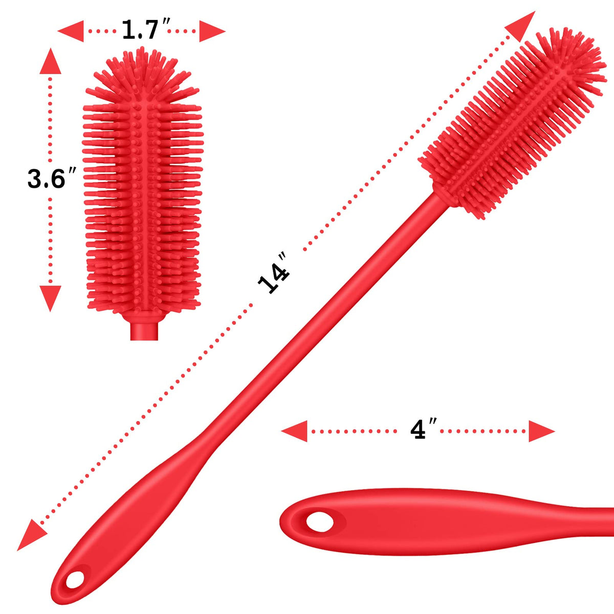 Purtribe Silicone Bottle Brush, Long Handle Bottle Cleaner Brush, Red