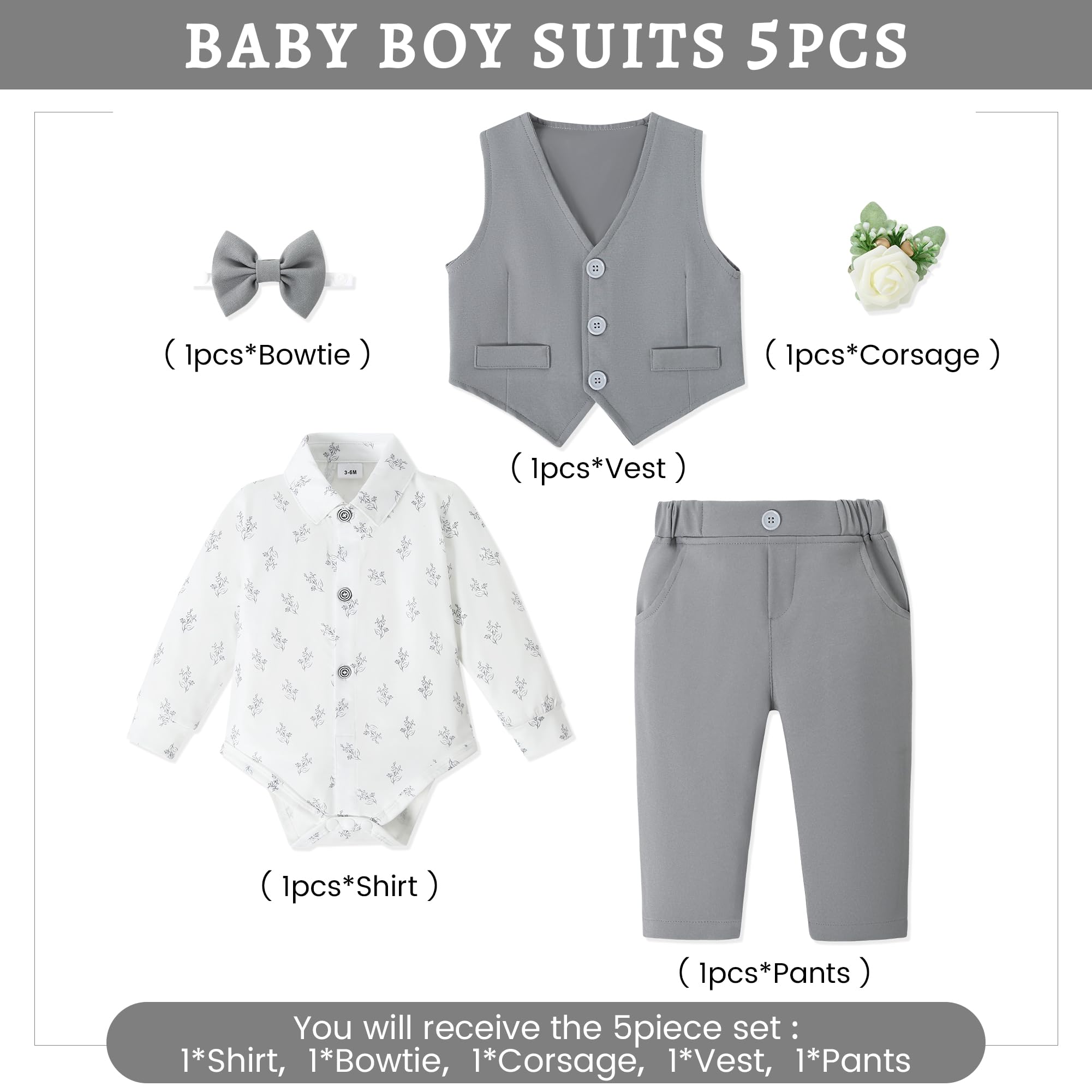 SANMIO Baby Boy Suit Set Infant Gentleman Formal Outfits 0-24M Light Gray