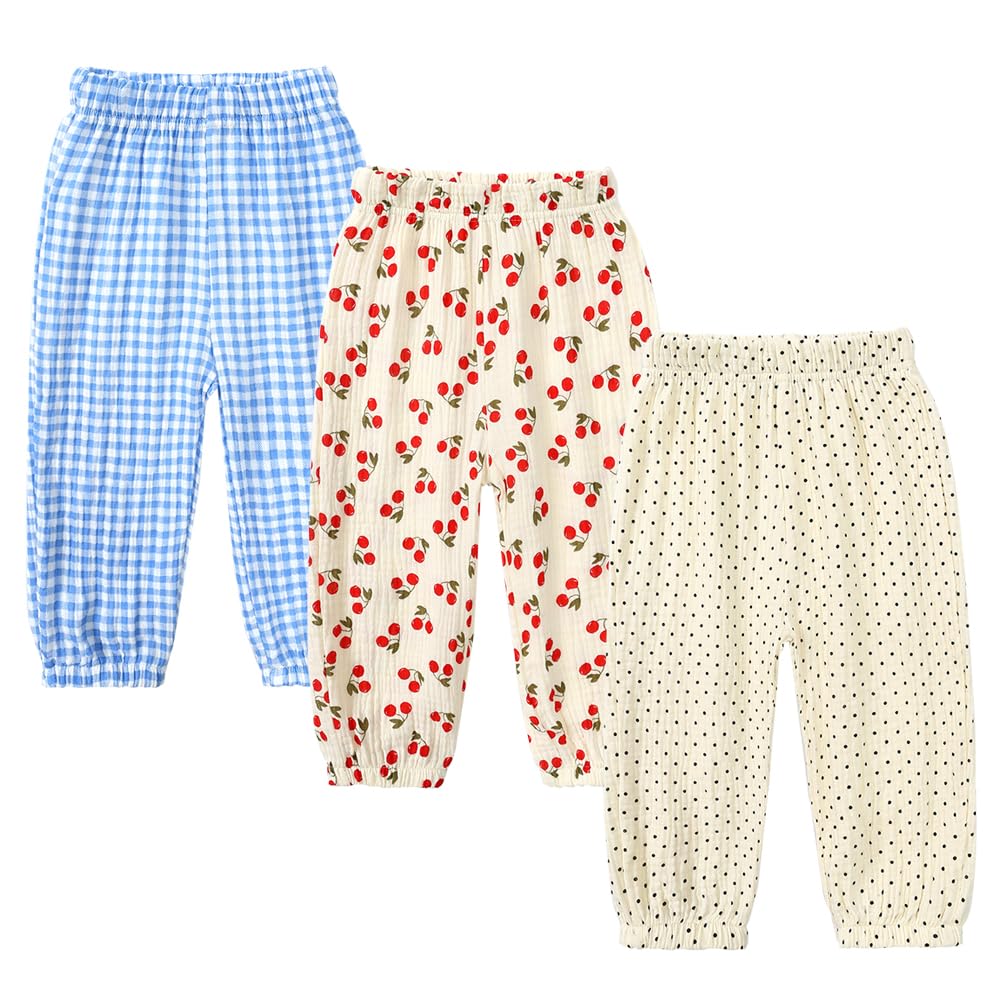 MYGBCPJS Baby Boys Girls 3 Pack Cotton Linen Long Bloomers Ankle Length Trousers Kids Lightweight Elastic Waist Harem Pants