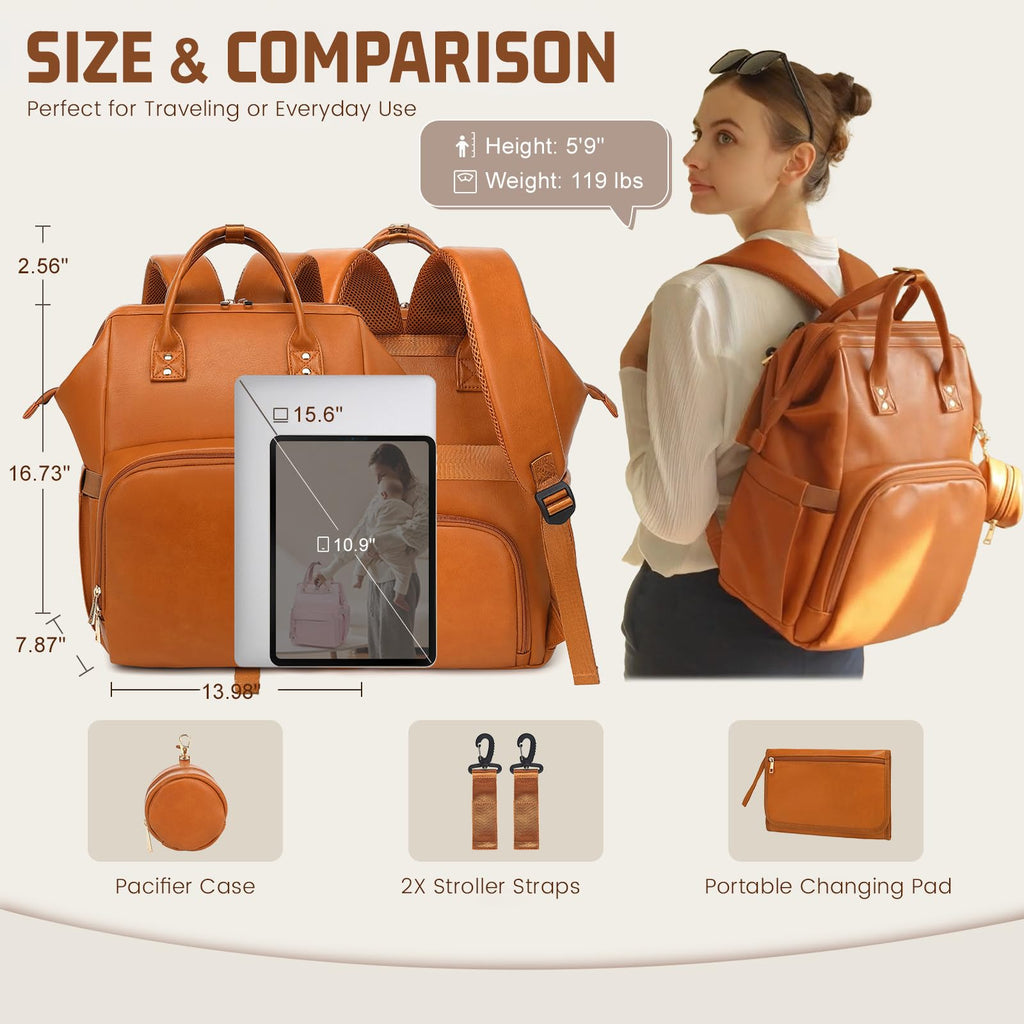 ROSEGIN Premium Vegan Leather Diaper Bag Backpack with Waterproof Changing Pad – Reinforced Stitching & Zippers, Baby Bag for Boy Girl, Stroller Straps, Ergonomic Design for Traveling Moms, Brown